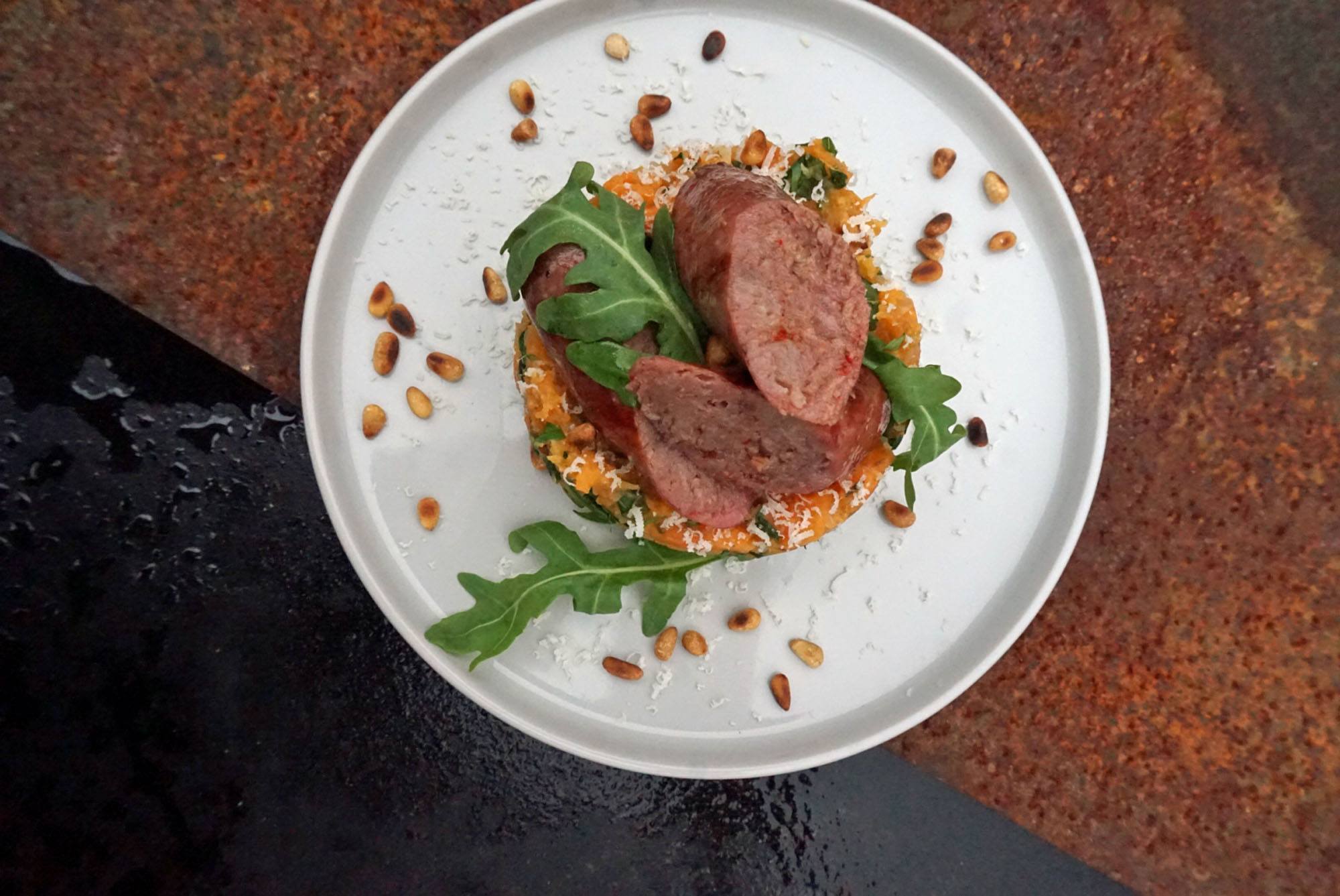 Zoete aardappel stamppot met iberico braadworstjes